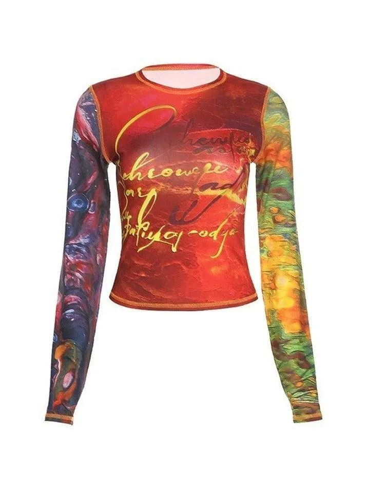 Joskaa Patchwork Printed Mesh Long Sleeve Crop Top