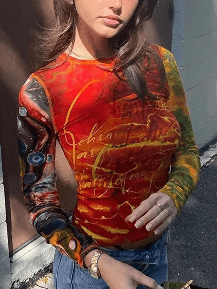 Joskaa Patchwork Printed Mesh Long Sleeve Crop Top