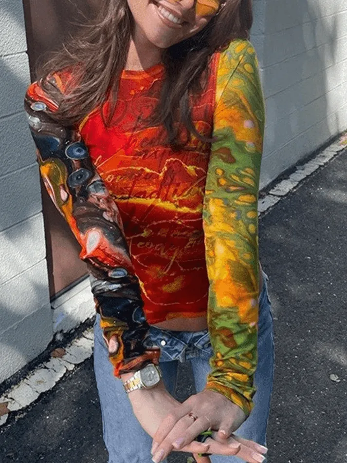 Joskaa Patchwork Printed Mesh Long Sleeve Crop Top
