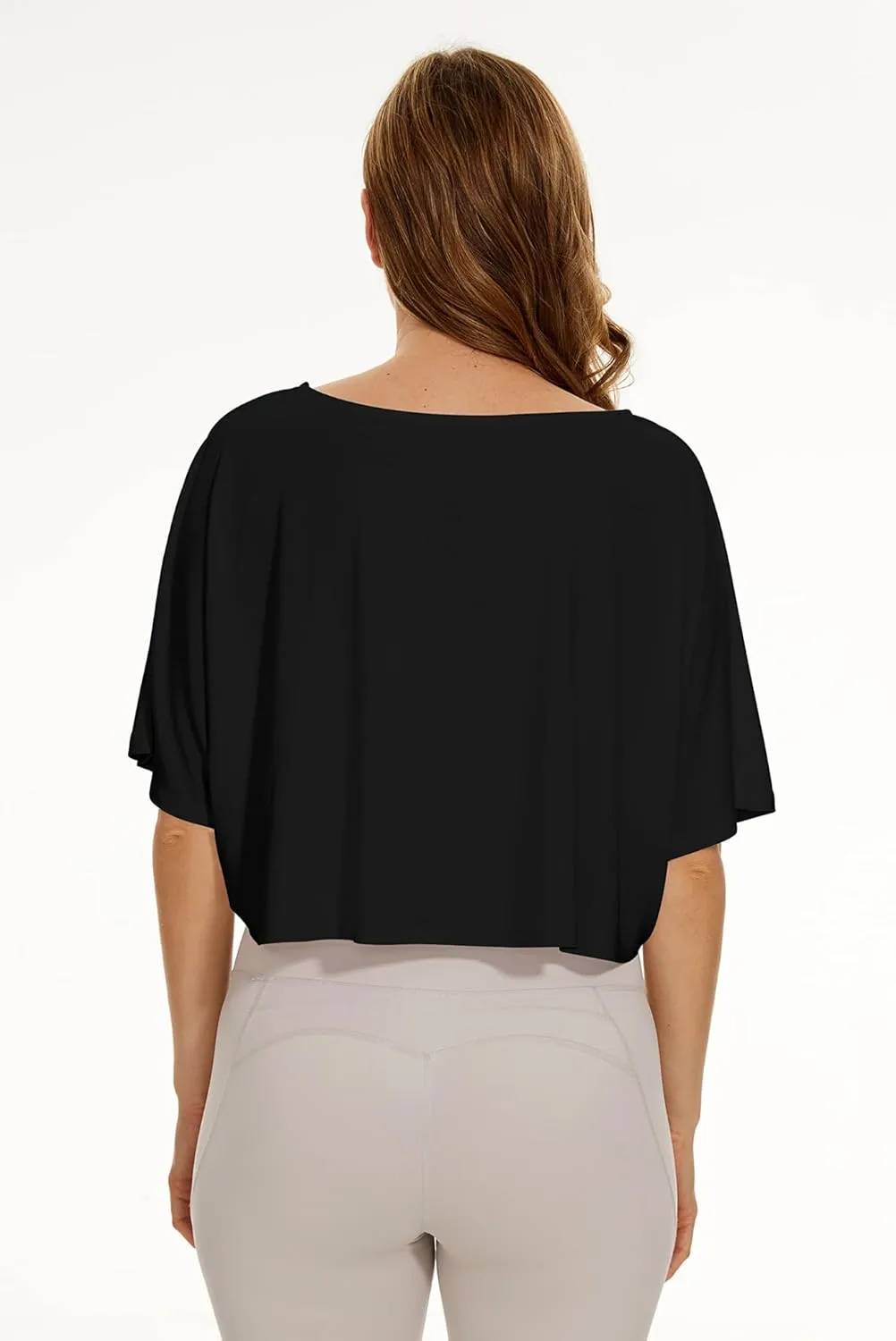 KAMISSY Women’s Casual Loose Half Sleeve Crop Tee Shirt Top Oversized Off Shoulder Yoga Running Stretchy Workout Crop T-Shirt