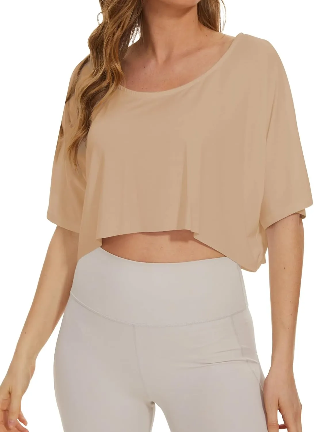KAMISSY Women’s Casual Loose Half Sleeve Crop Tee Shirt Top Oversized Off Shoulder Yoga Running Stretchy Workout Crop T-Shirt
