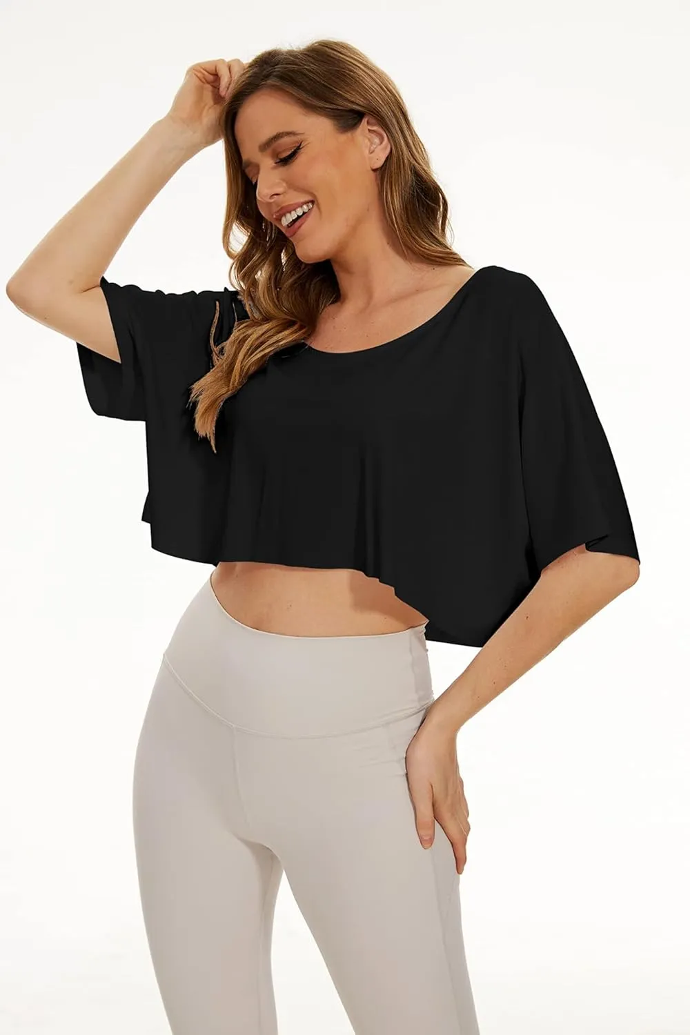 KAMISSY Women’s Casual Loose Half Sleeve Crop Tee Shirt Top Oversized Off Shoulder Yoga Running Stretchy Workout Crop T-Shirt