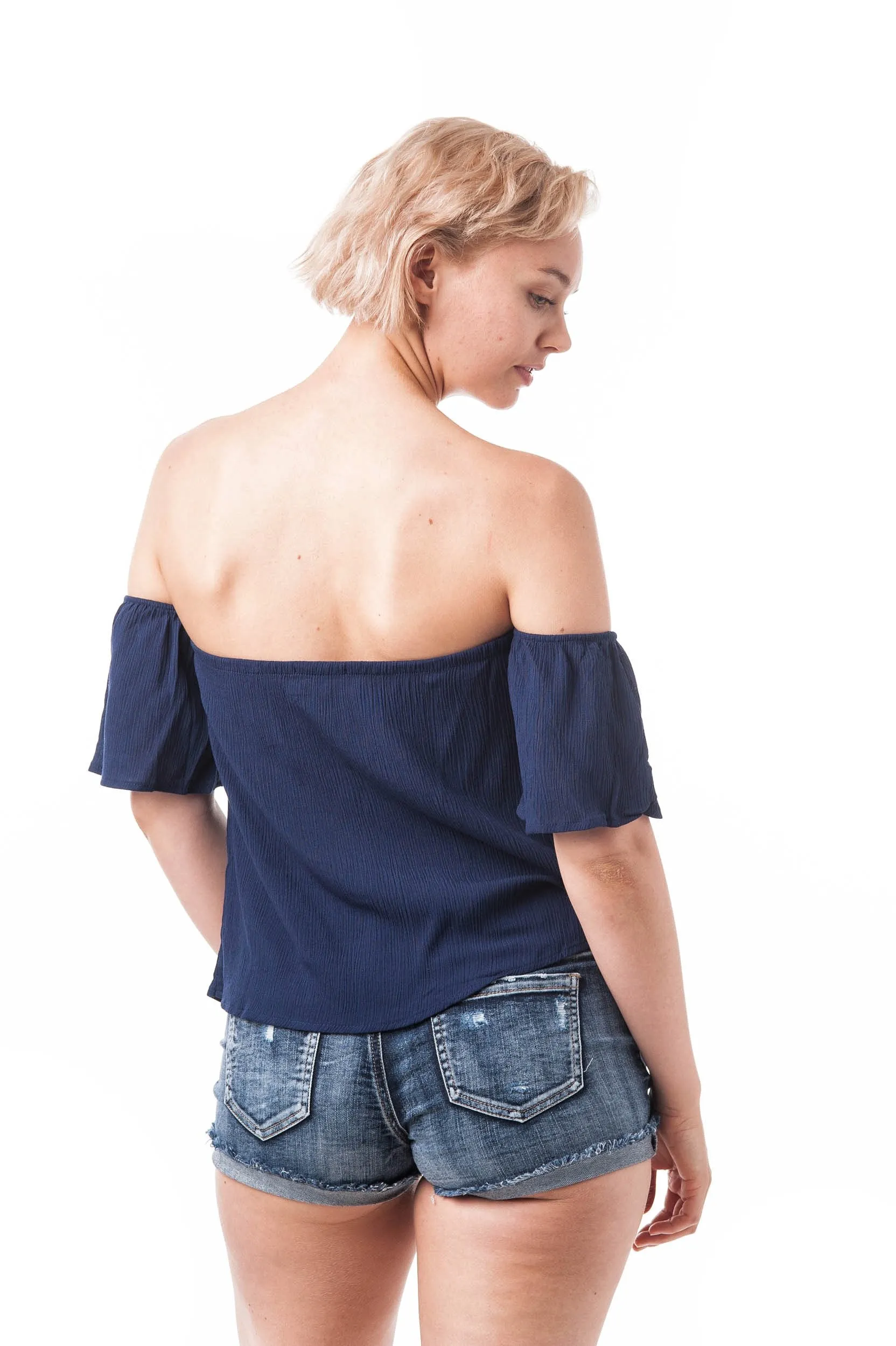 Khanomak Short Sleeve Off The Shoulder Crinkled Flounce Crop Top