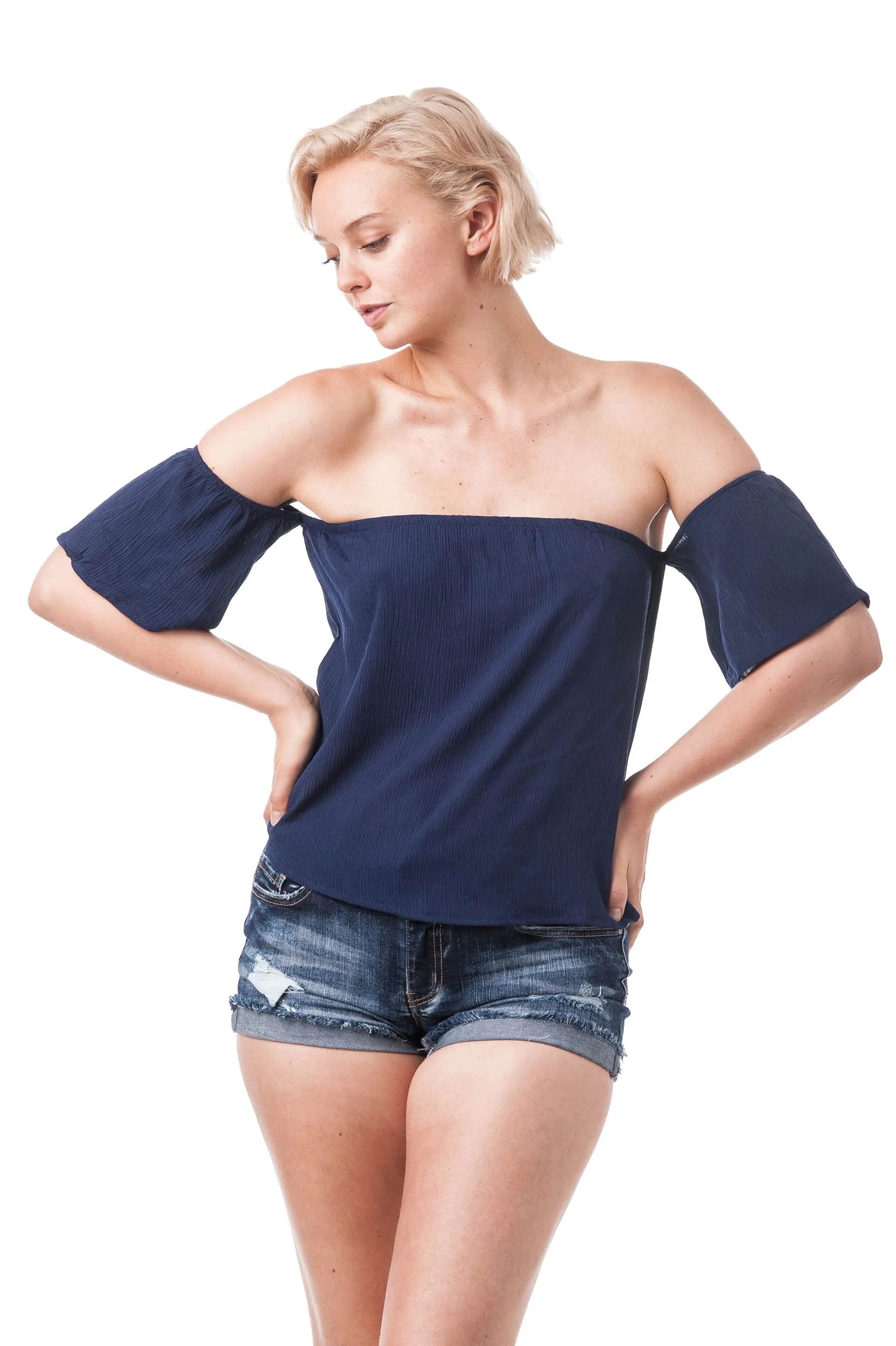 Khanomak Short Sleeve Off The Shoulder Crinkled Flounce Crop Top