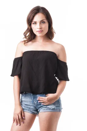 Khanomak Short Sleeve Off The Shoulder Crinkled Flounce Crop Top
