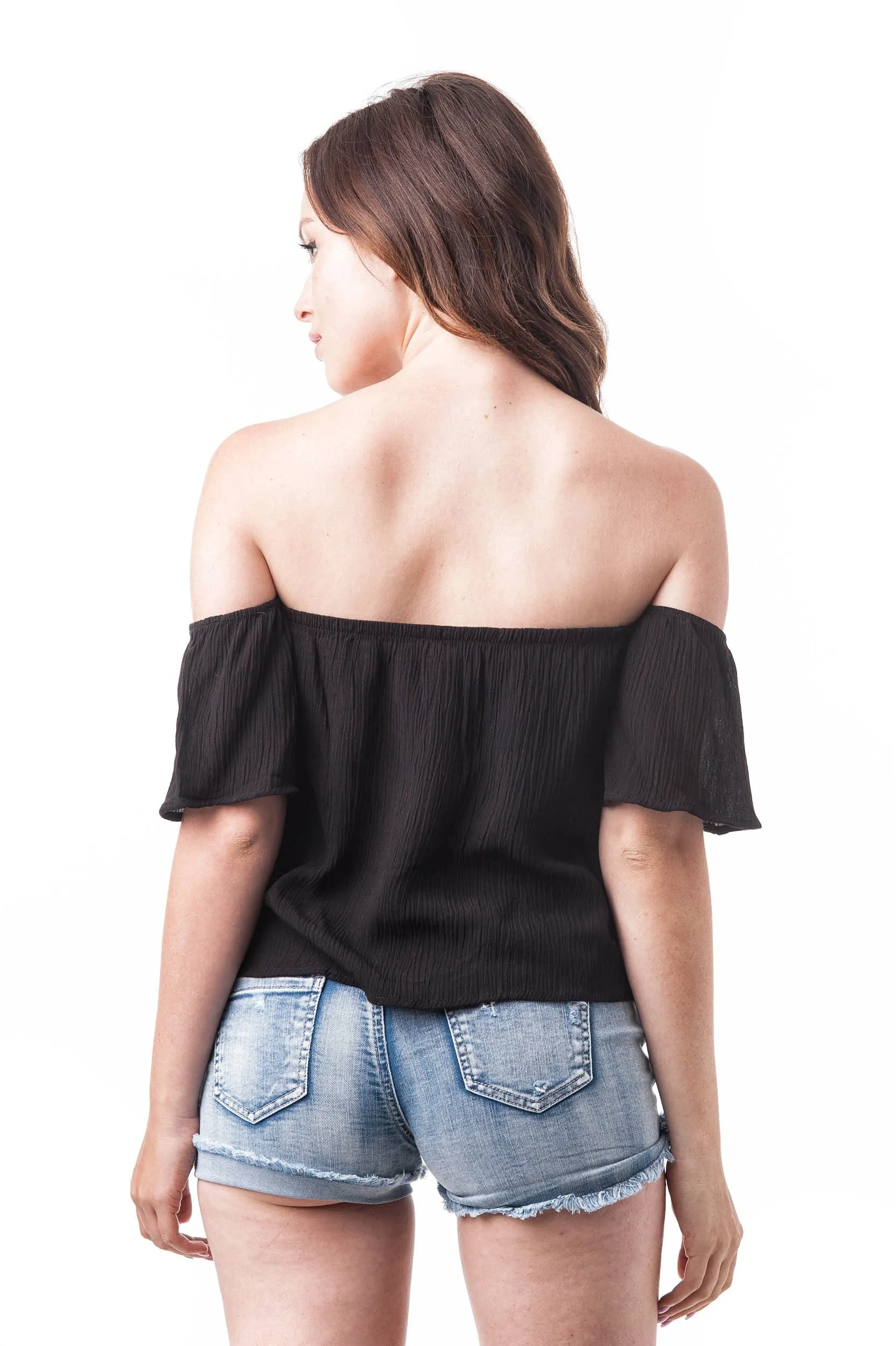 Khanomak Short Sleeve Off The Shoulder Crinkled Flounce Crop Top