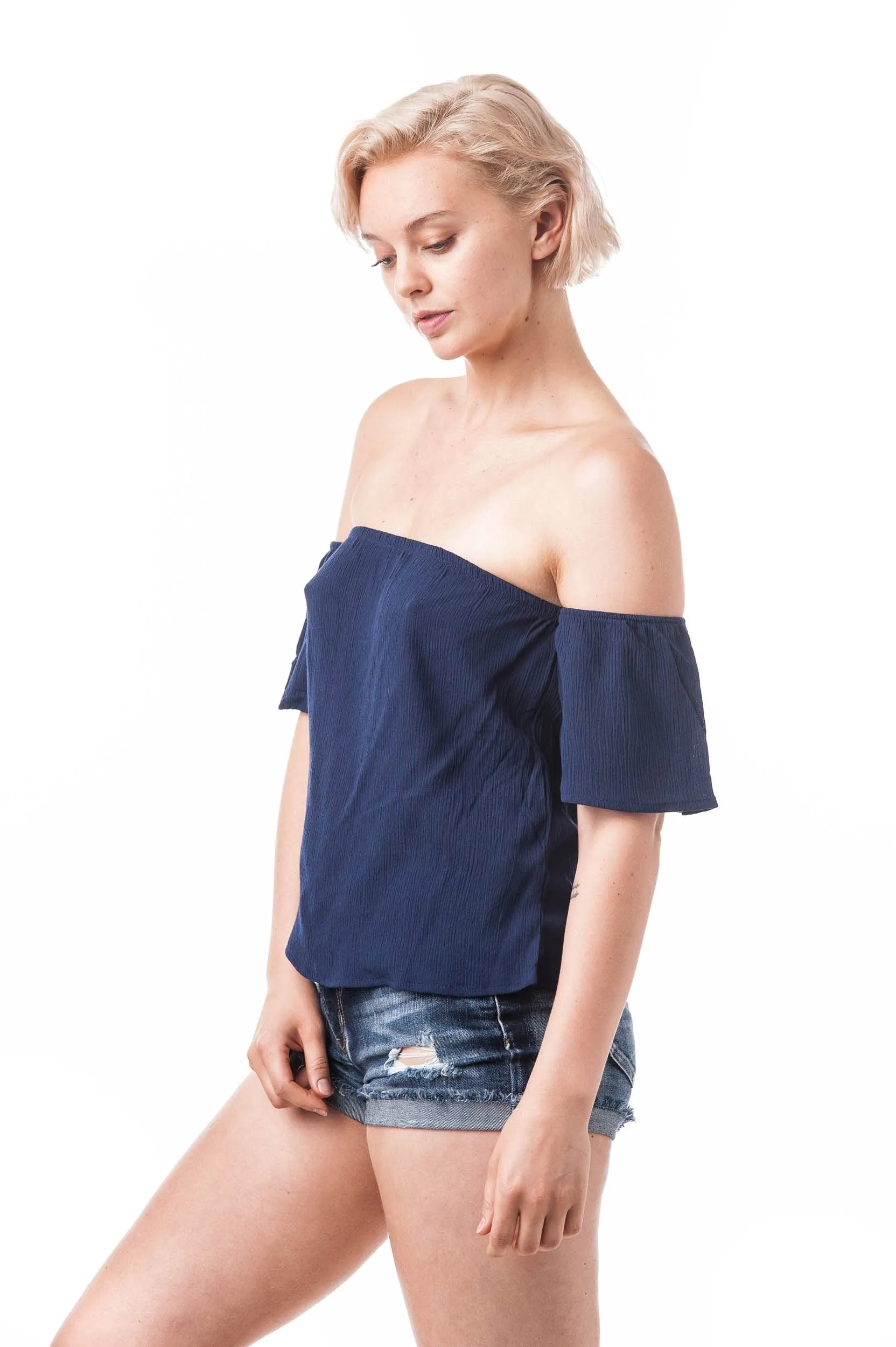 Khanomak Short Sleeve Off The Shoulder Crinkled Flounce Crop Top