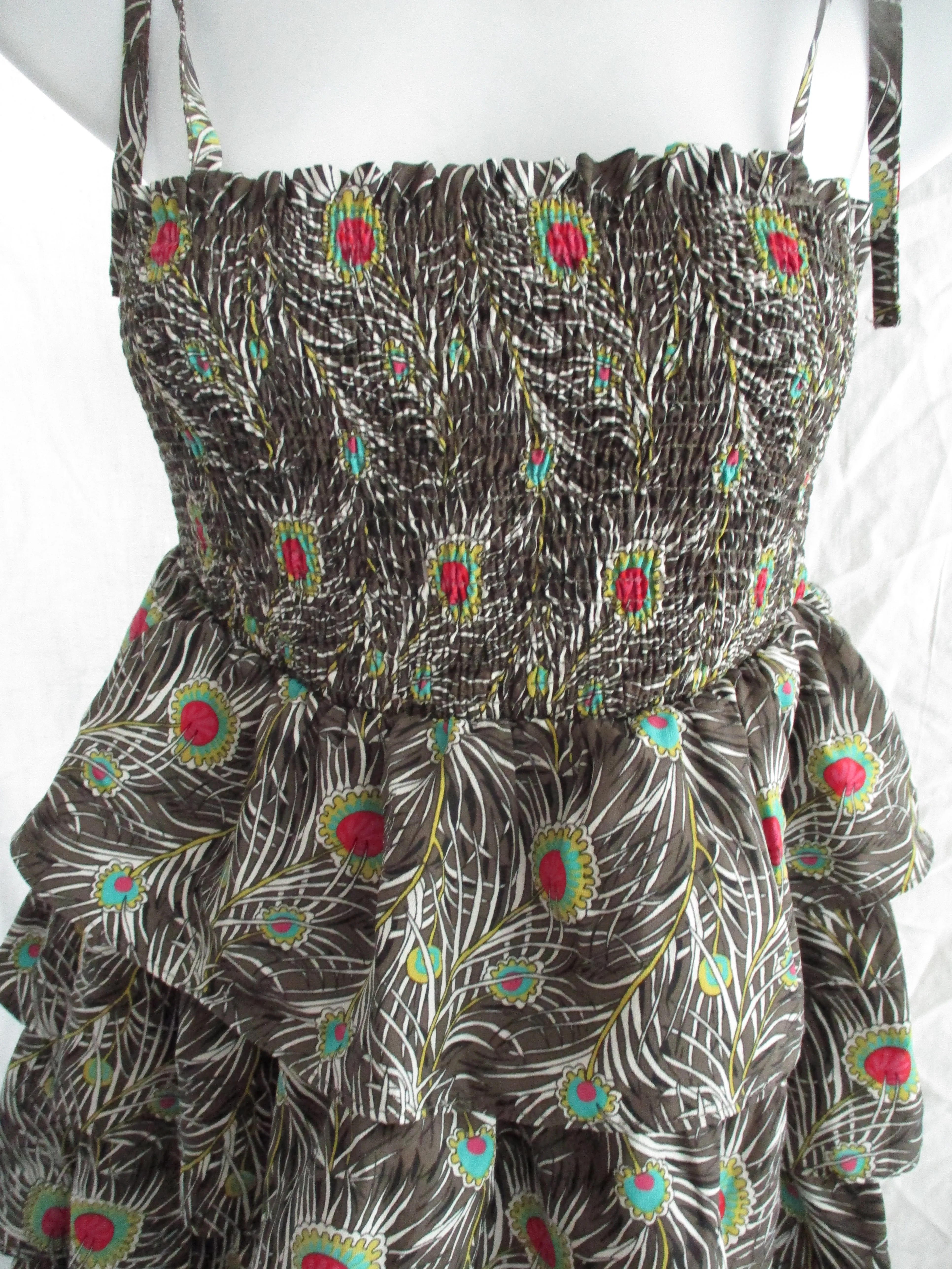 LIBERTY OF LONDON PEACOCK FEATHER Sundress Dress S Ruffle Tiered