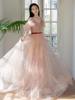 Light Pink Tulle Long Prom Dress, Light Pink A-Line Long Formal Dress