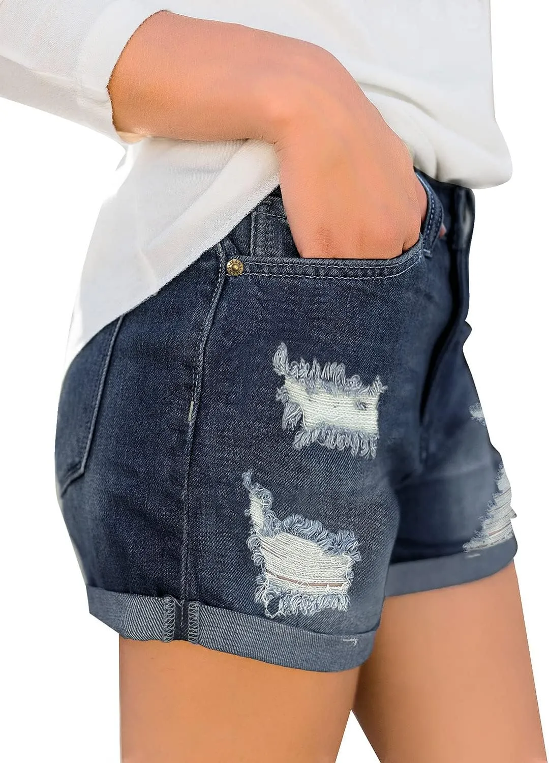 luvamia Women's Ripped High Waisted Denim Shorts Stretchy Cuffed Hem Jean Shorts