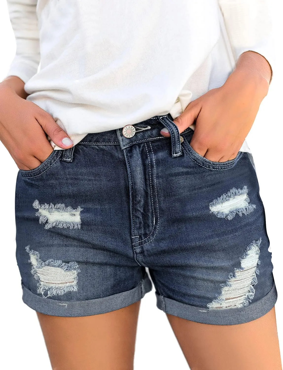 luvamia Women's Ripped High Waisted Denim Shorts Stretchy Cuffed Hem Jean Shorts