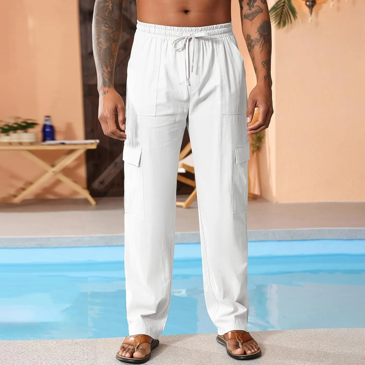 Men's Casual Linen Pants Summer Loose Fit Elastic Waist Drawstring Pants Lightweight Linen Cargo Trousers with Pockets