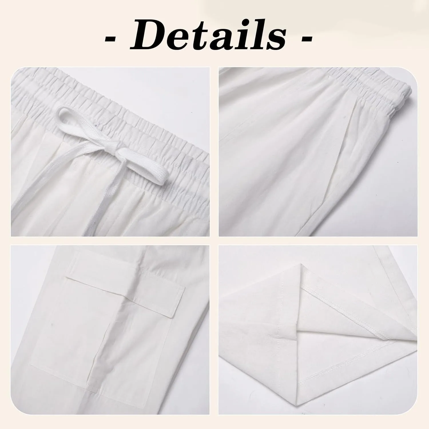 Men's Casual Linen Pants Summer Loose Fit Elastic Waist Drawstring Pants Lightweight Linen Cargo Trousers with Pockets