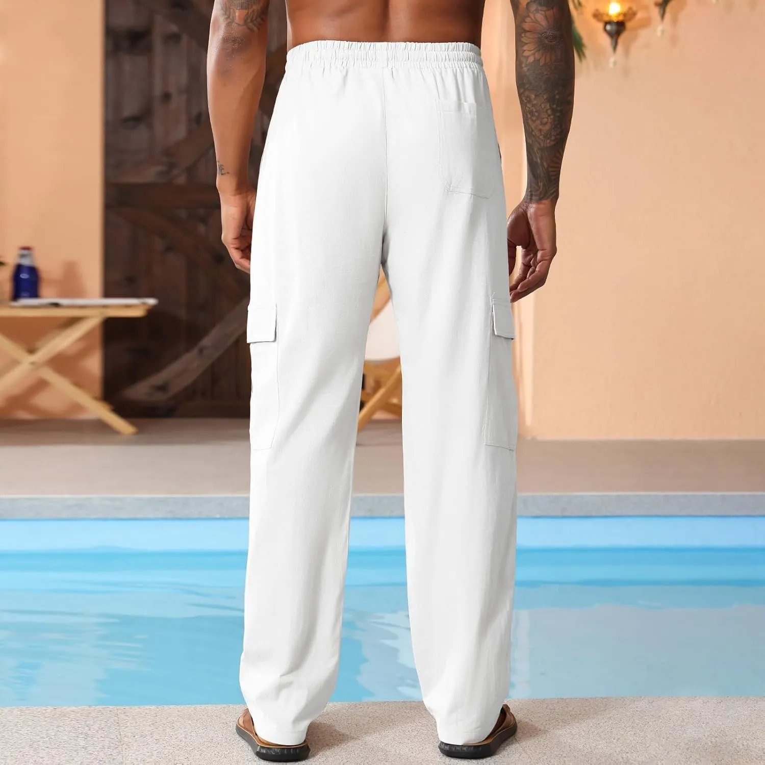 Men's Casual Linen Pants Summer Loose Fit Elastic Waist Drawstring Pants Lightweight Linen Cargo Trousers with Pockets