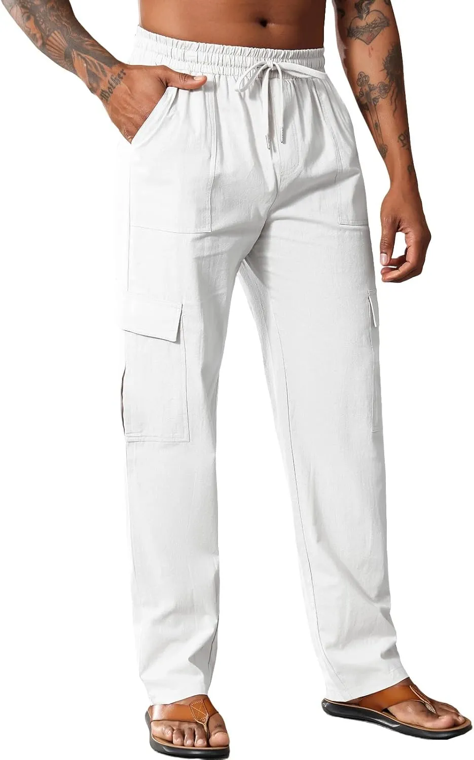 Men's Casual Linen Pants Summer Loose Fit Elastic Waist Drawstring Pants Lightweight Linen Cargo Trousers with Pockets