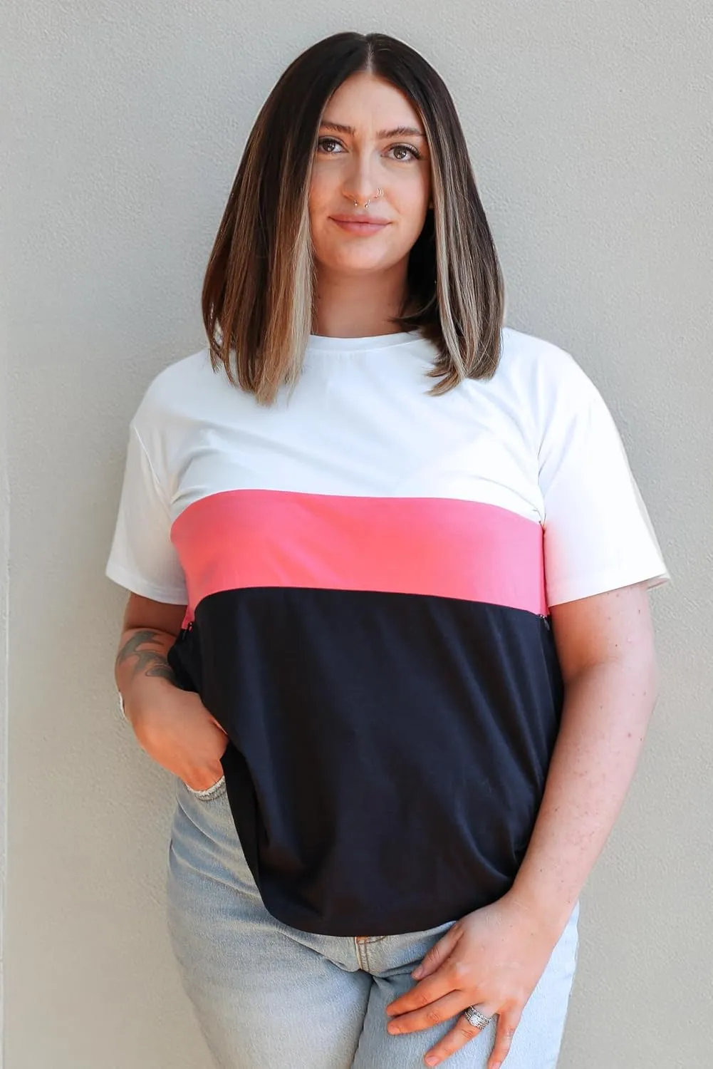 Nursing T-Shirt with Invisible Zipper, Soft and Comfortable Colorblock Breastfeeding Top