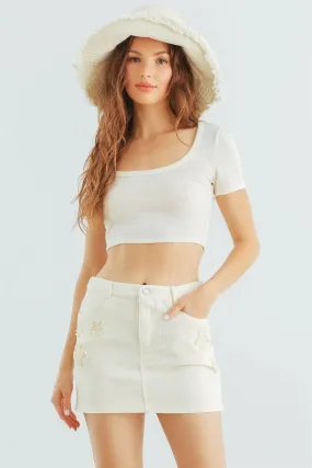 Off White Round Neck Short Sleeve Crop Top /1-2-2-1