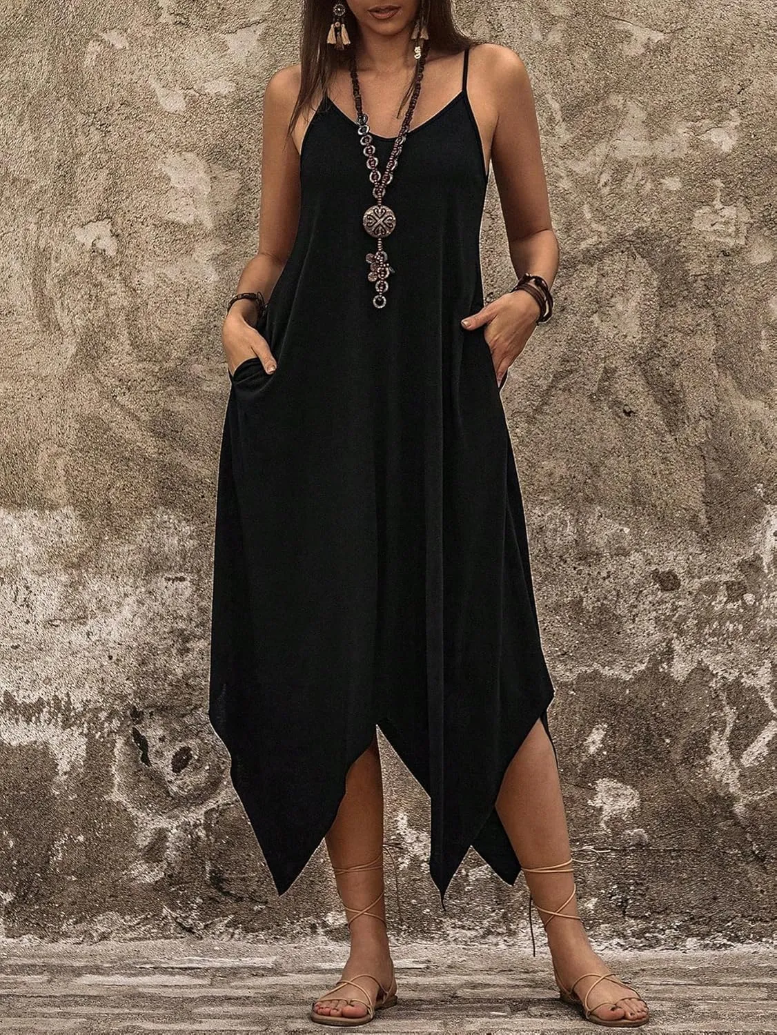 OYOANGLE Women's Boho Spaghetti Straps Irregular Hem Cami Beach Dress Solid Backless Midi Dresses with Pocket