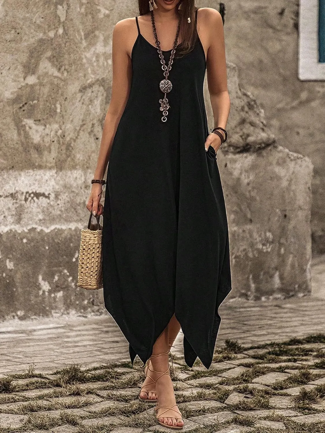 OYOANGLE Women's Boho Spaghetti Straps Irregular Hem Cami Beach Dress Solid Backless Midi Dresses with Pocket