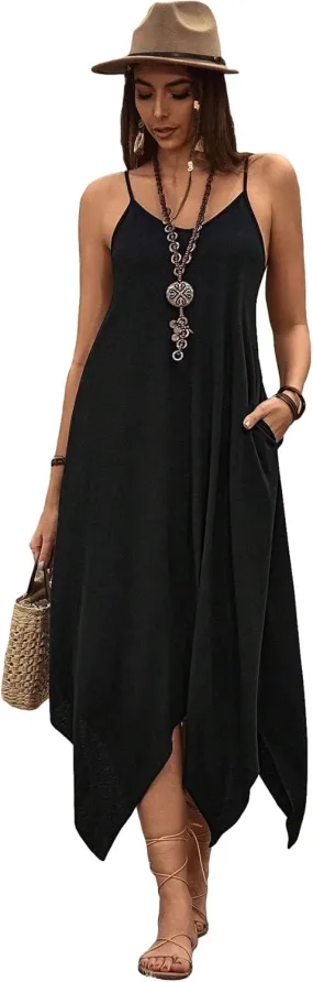 OYOANGLE Women's Boho Spaghetti Straps Irregular Hem Cami Beach Dress Solid Backless Midi Dresses with Pocket