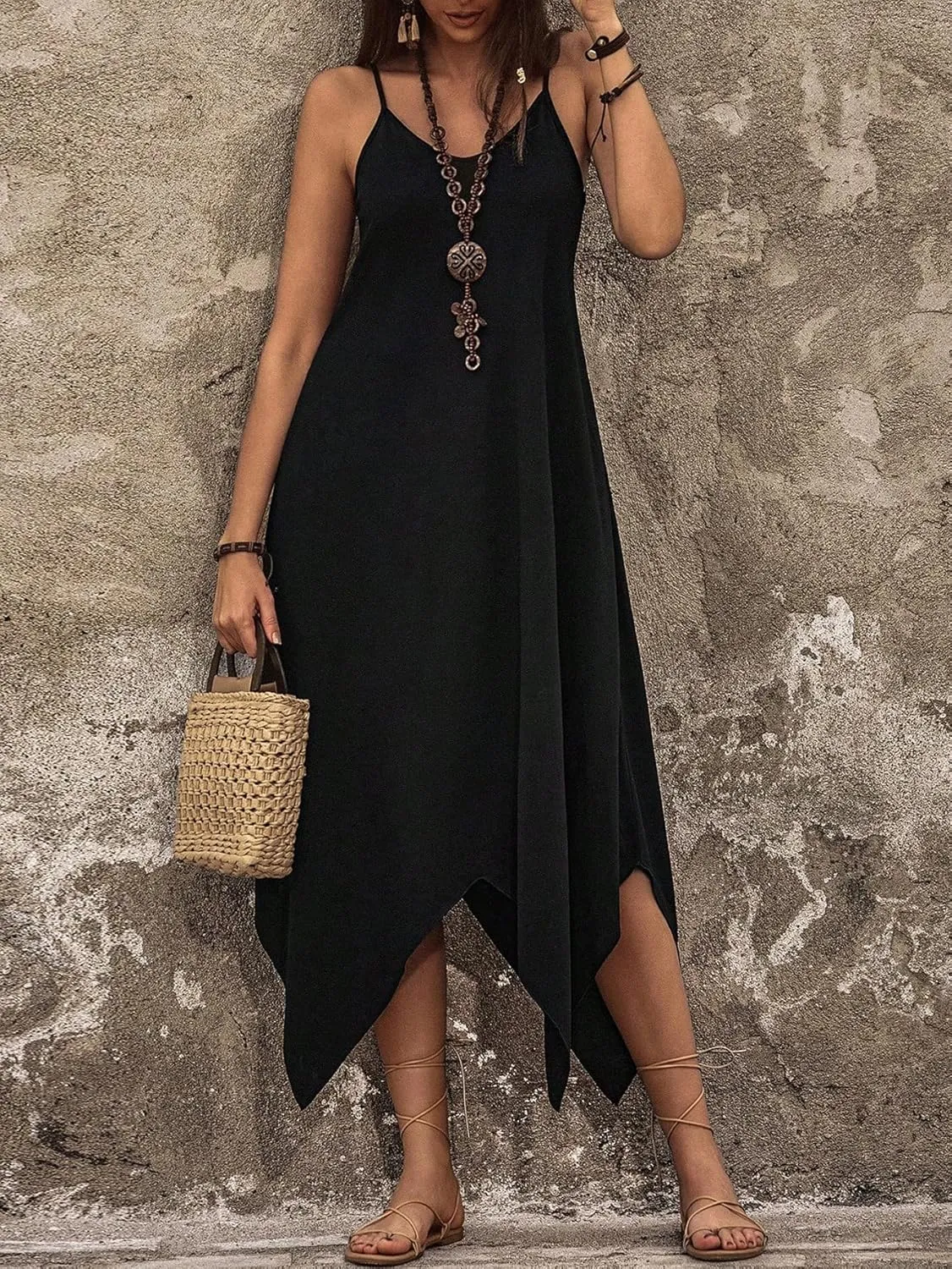 OYOANGLE Women's Boho Spaghetti Straps Irregular Hem Cami Beach Dress Solid Backless Midi Dresses with Pocket