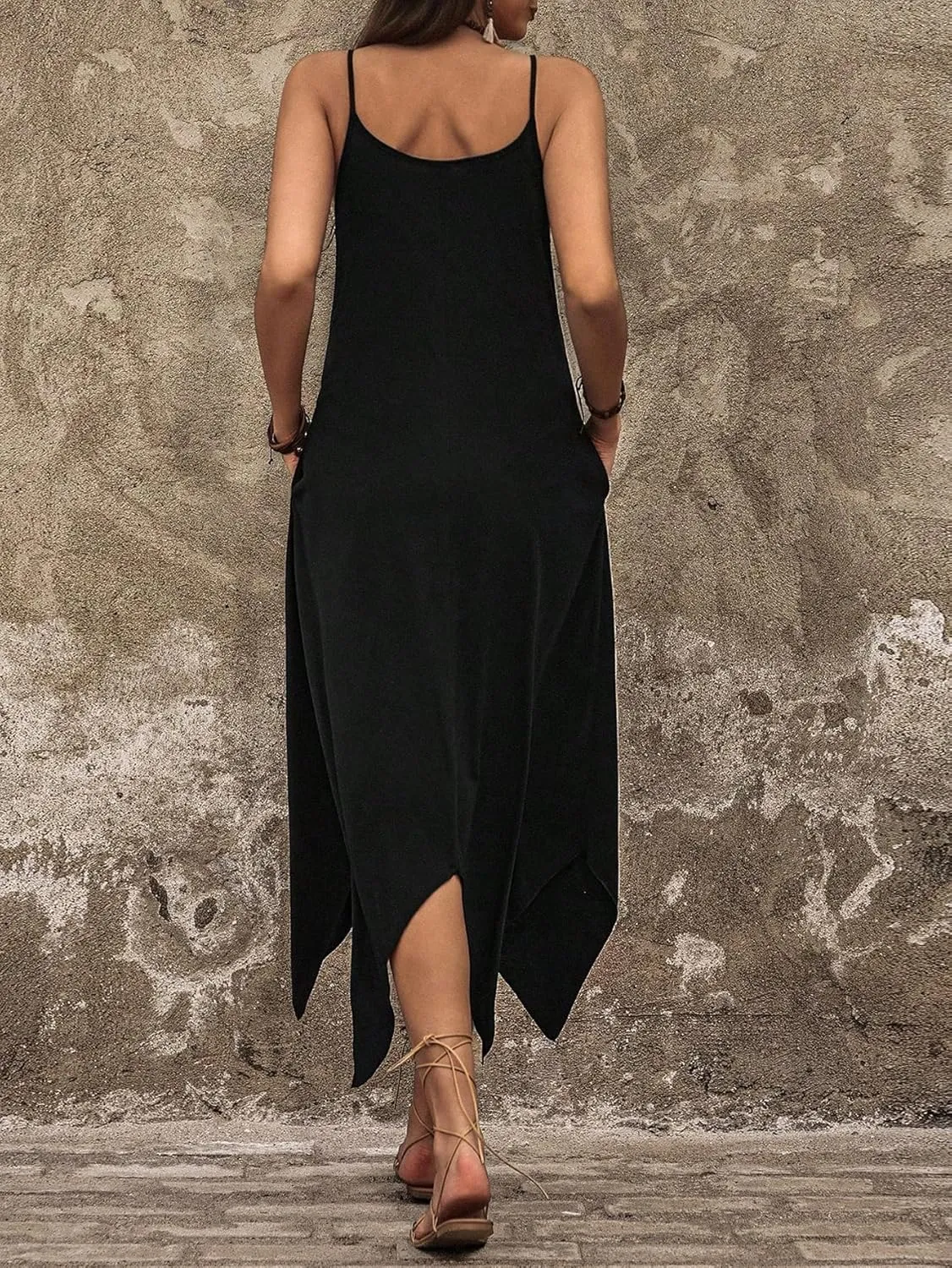 OYOANGLE Women's Boho Spaghetti Straps Irregular Hem Cami Beach Dress Solid Backless Midi Dresses with Pocket