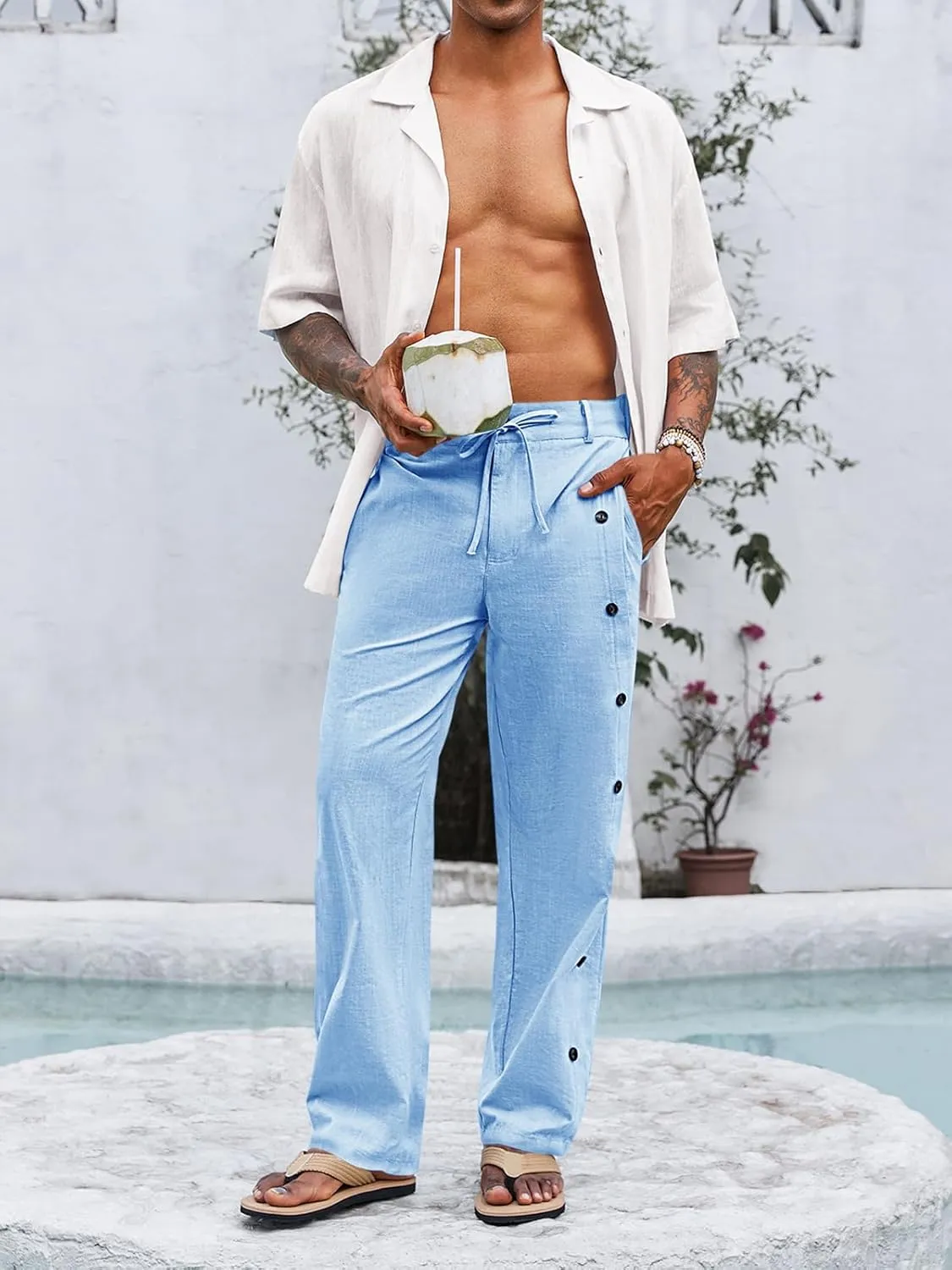 PASLTER Mens Cotton Linen Pants Casual Drawstring Elastic Waist Loose Fit Lightweight Summer Beach Yoga Trousers