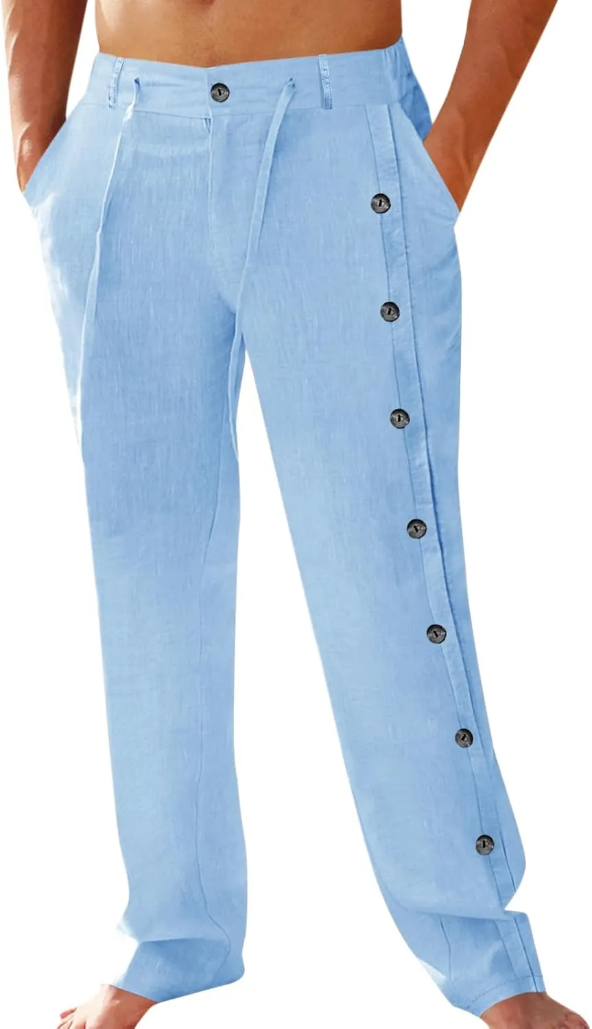 PASLTER Mens Cotton Linen Pants Casual Drawstring Elastic Waist Loose Fit Lightweight Summer Beach Yoga Trousers