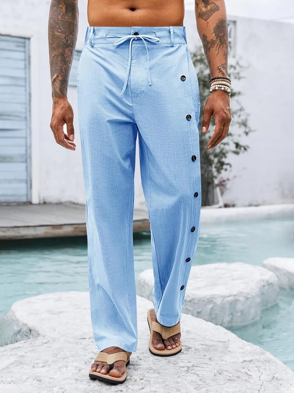 PASLTER Mens Cotton Linen Pants Casual Drawstring Elastic Waist Loose Fit Lightweight Summer Beach Yoga Trousers