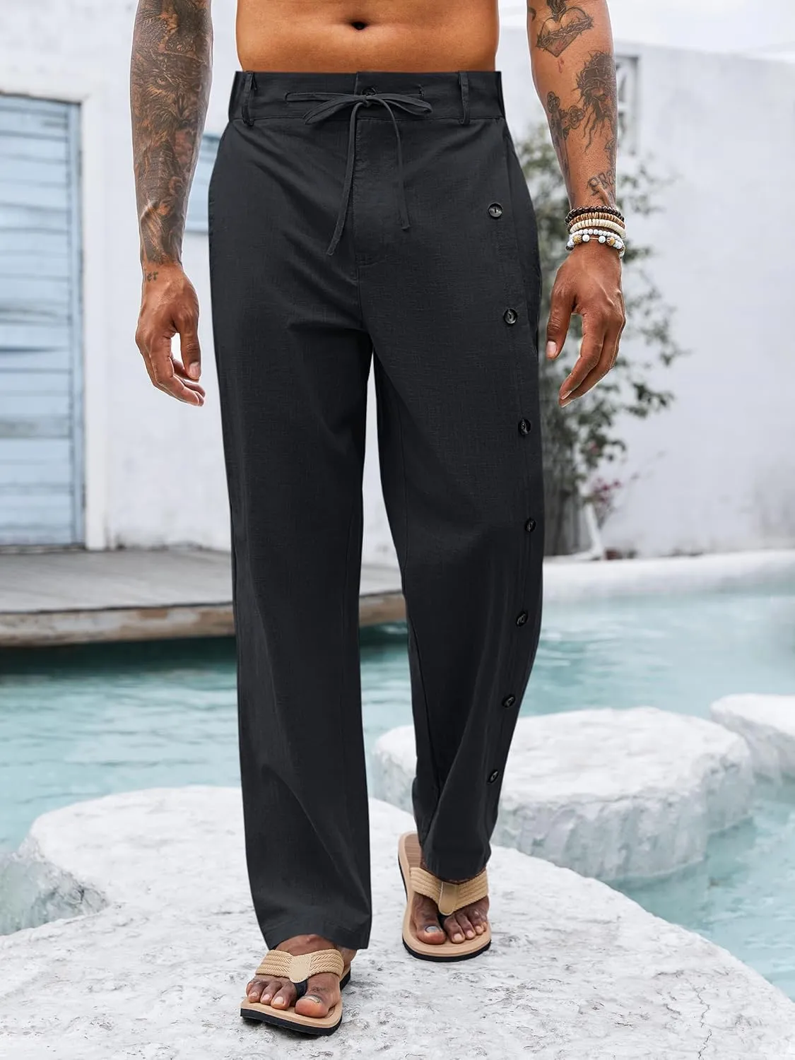 PASLTER Mens Cotton Linen Pants Casual Drawstring Elastic Waist Loose Fit Lightweight Summer Beach Yoga Trousers