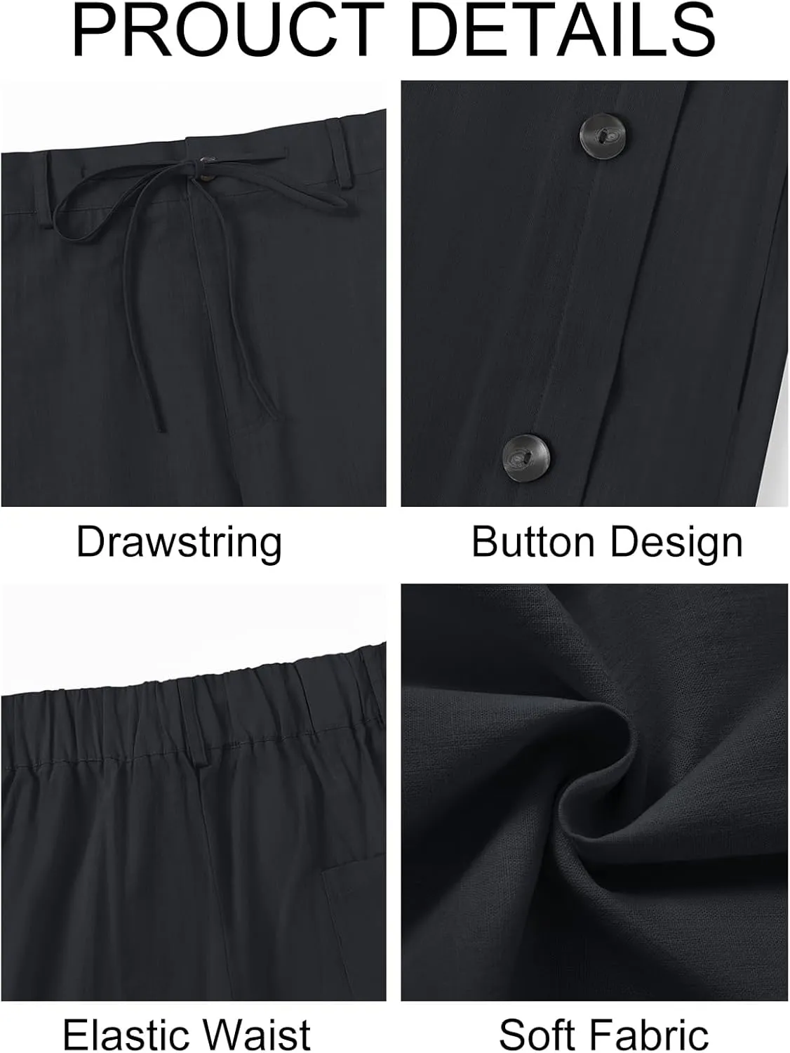 PASLTER Mens Cotton Linen Pants Casual Drawstring Elastic Waist Loose Fit Lightweight Summer Beach Yoga Trousers