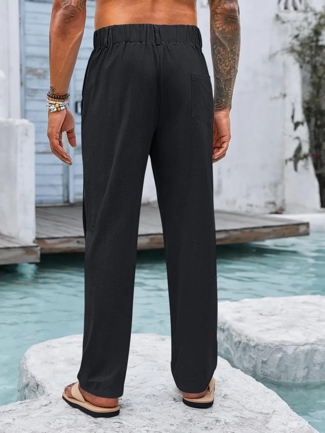 PASLTER Mens Cotton Linen Pants Casual Drawstring Elastic Waist Loose Fit Lightweight Summer Beach Yoga Trousers