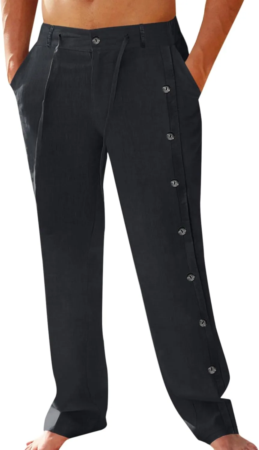 PASLTER Mens Cotton Linen Pants Casual Drawstring Elastic Waist Loose Fit Lightweight Summer Beach Yoga Trousers