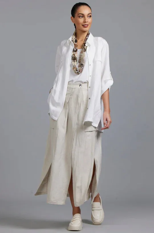 Paula Ryan Washer Linen Split Skirt-White