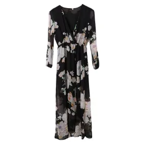 Plus Size Women Ladies Summer Floral Print Long Sleeve Boho Beach Evening Party Long Midi Dress Casual Loose Sundress (US 4-14)