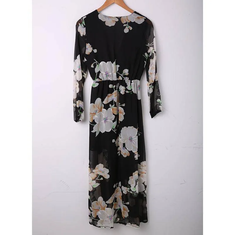 Plus Size Women Ladies Summer Floral Print Long Sleeve Boho Beach Evening Party Long Midi Dress Casual Loose Sundress (US 4-14)
