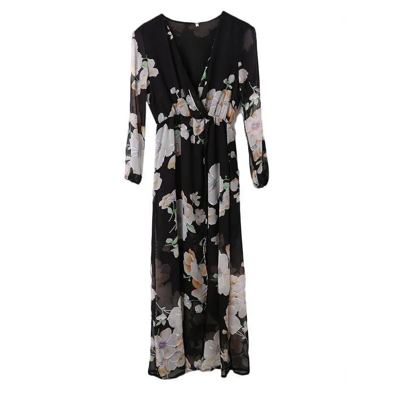 Plus Size Women Ladies Summer Floral Print Long Sleeve Boho Beach Evening Party Long Midi Dress Casual Loose Sundress (US 4-14)