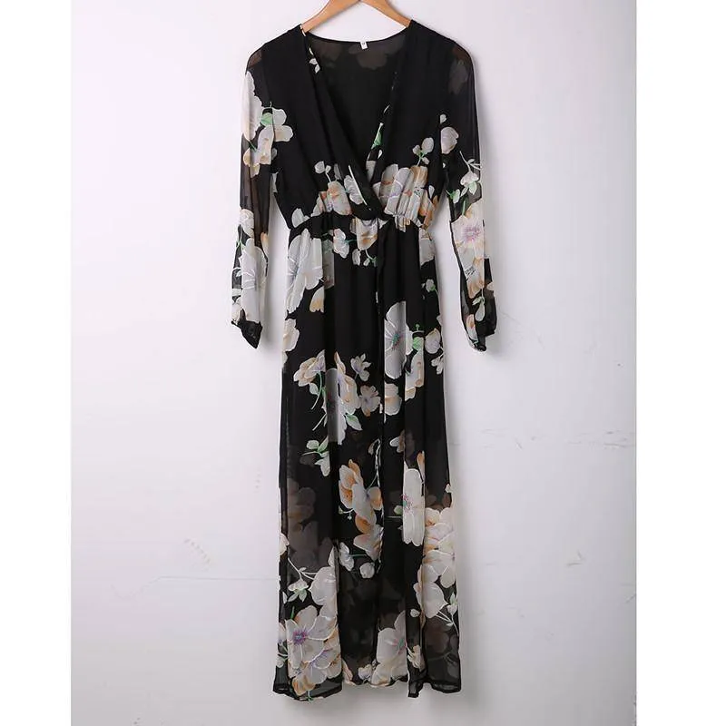 Plus Size Women Ladies Summer Floral Print Long Sleeve Boho Beach Evening Party Long Midi Dress Casual Loose Sundress (US 4-14)