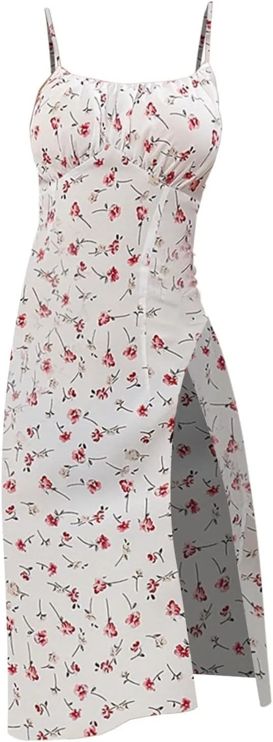 Spaghetti Strap Dresses for Women 2025 Polka Dot Midi Frock Sleeveless Slit Summer Sundress Beach Vacation Dress