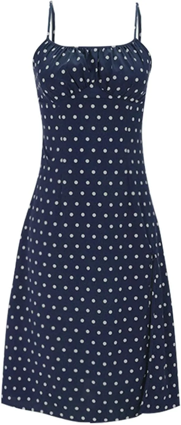 Spaghetti Strap Dresses for Women 2025 Polka Dot Midi Frock Sleeveless Slit Summer Sundress Beach Vacation Dress