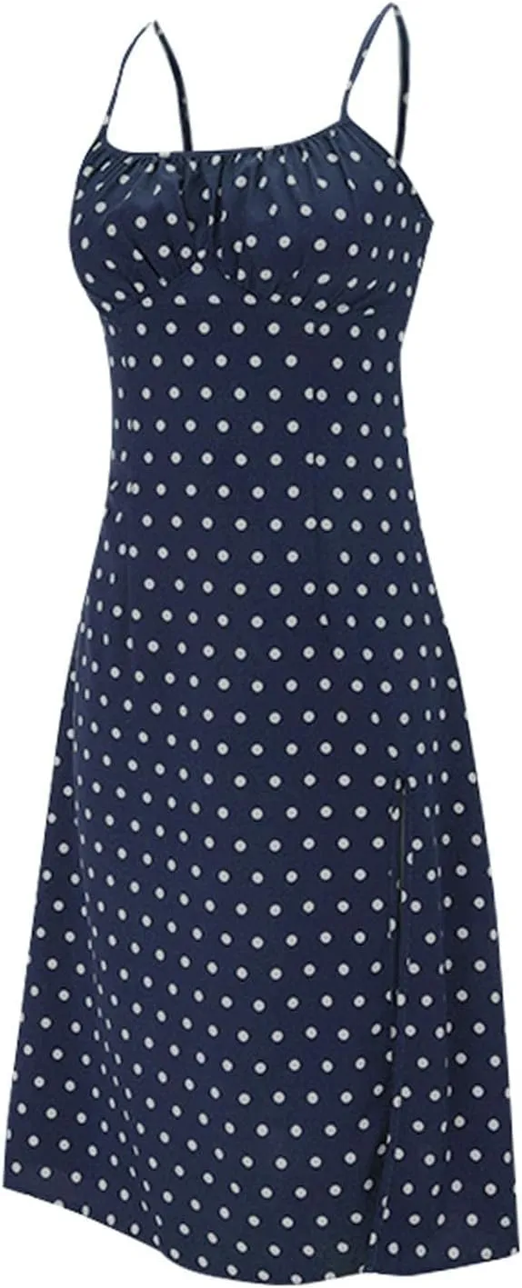Spaghetti Strap Dresses for Women 2025 Polka Dot Midi Frock Sleeveless Slit Summer Sundress Beach Vacation Dress
