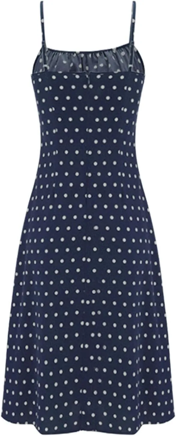 Spaghetti Strap Dresses for Women 2025 Polka Dot Midi Frock Sleeveless Slit Summer Sundress Beach Vacation Dress
