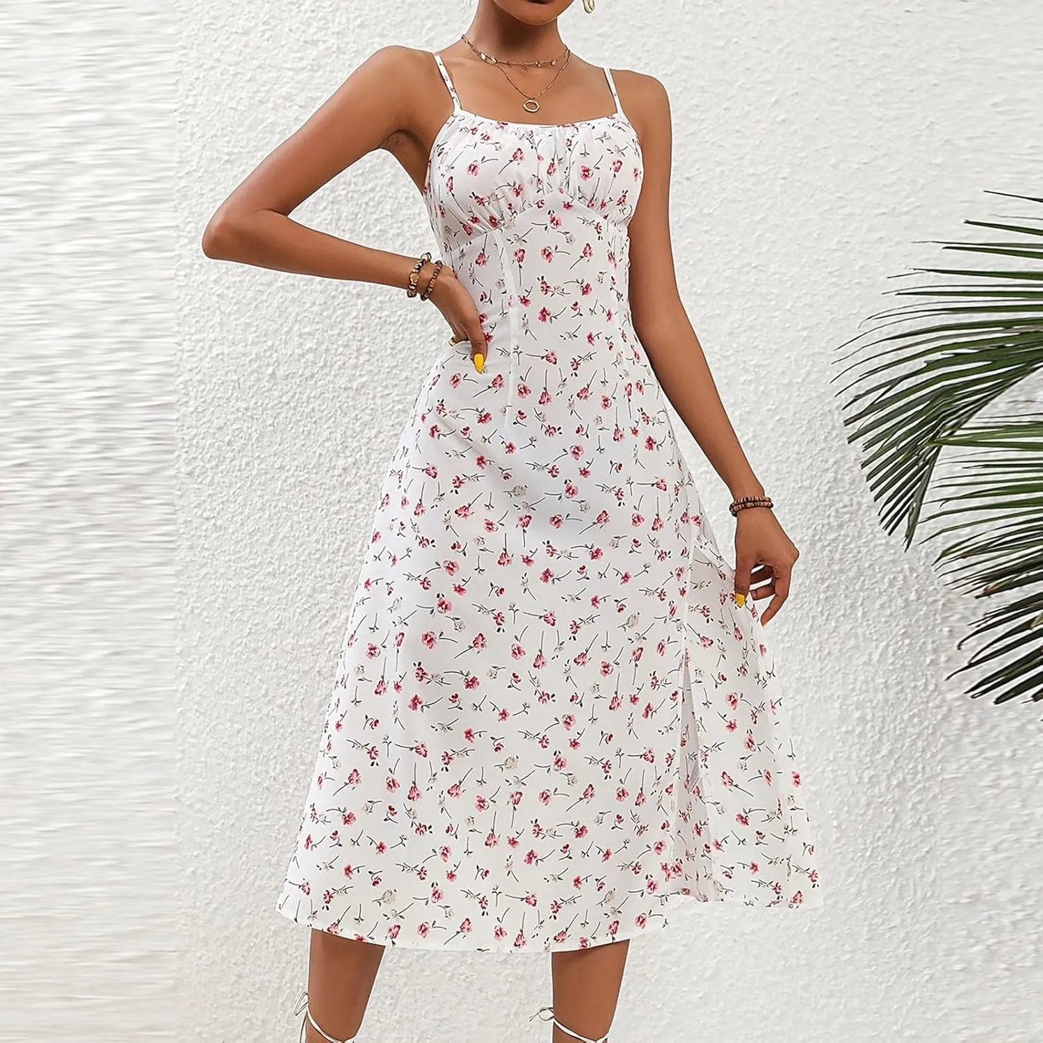 Spaghetti Strap Dresses for Women 2025 Polka Dot Midi Frock Sleeveless Slit Summer Sundress Beach Vacation Dress