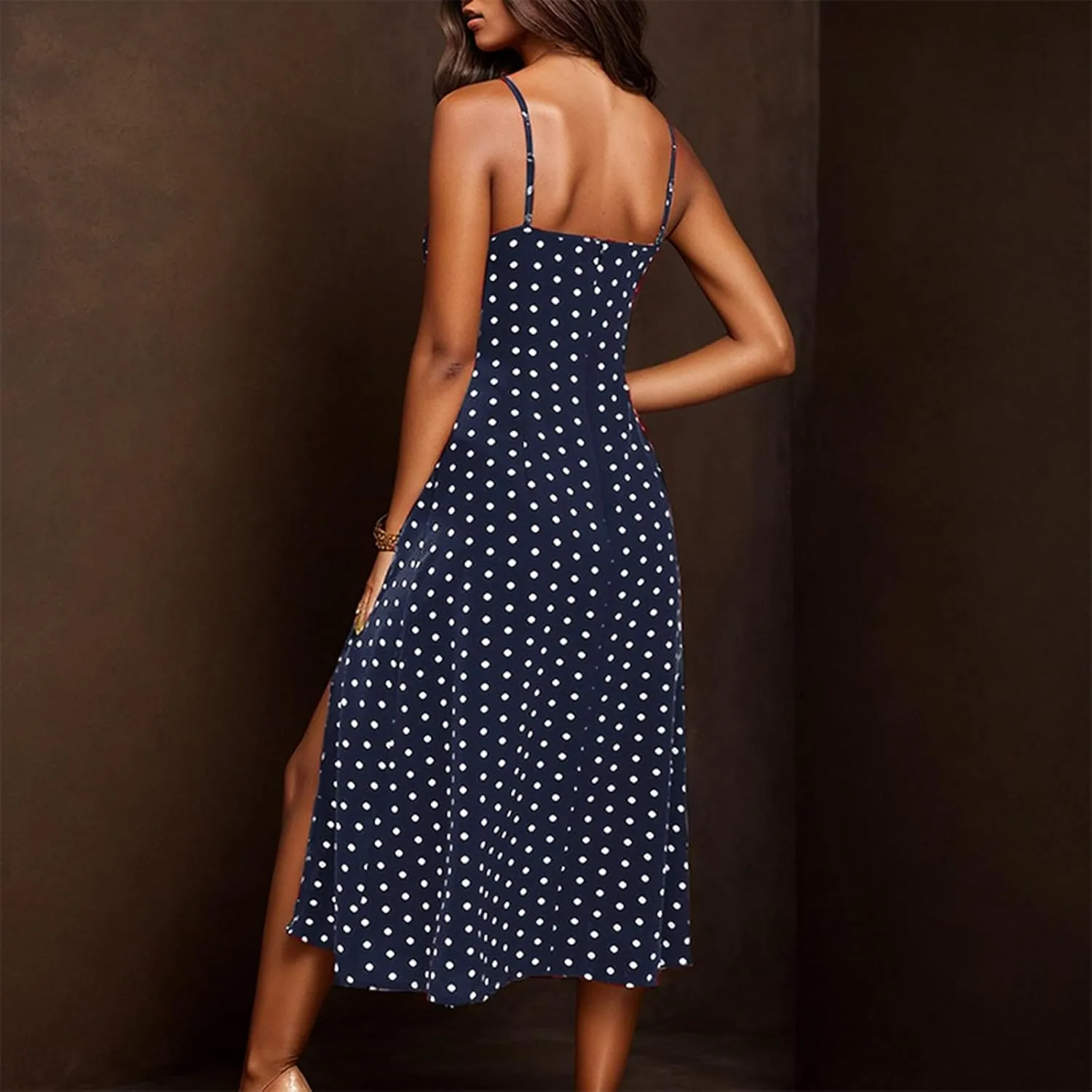 Spaghetti Strap Dresses for Women 2025 Polka Dot Midi Frock Sleeveless Slit Summer Sundress Beach Vacation Dress