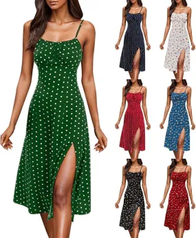 Spaghetti Strap Dresses for Women 2025 Polka Dot Midi Frock Sleeveless Slit Summer Sundress Beach Vacation Dress