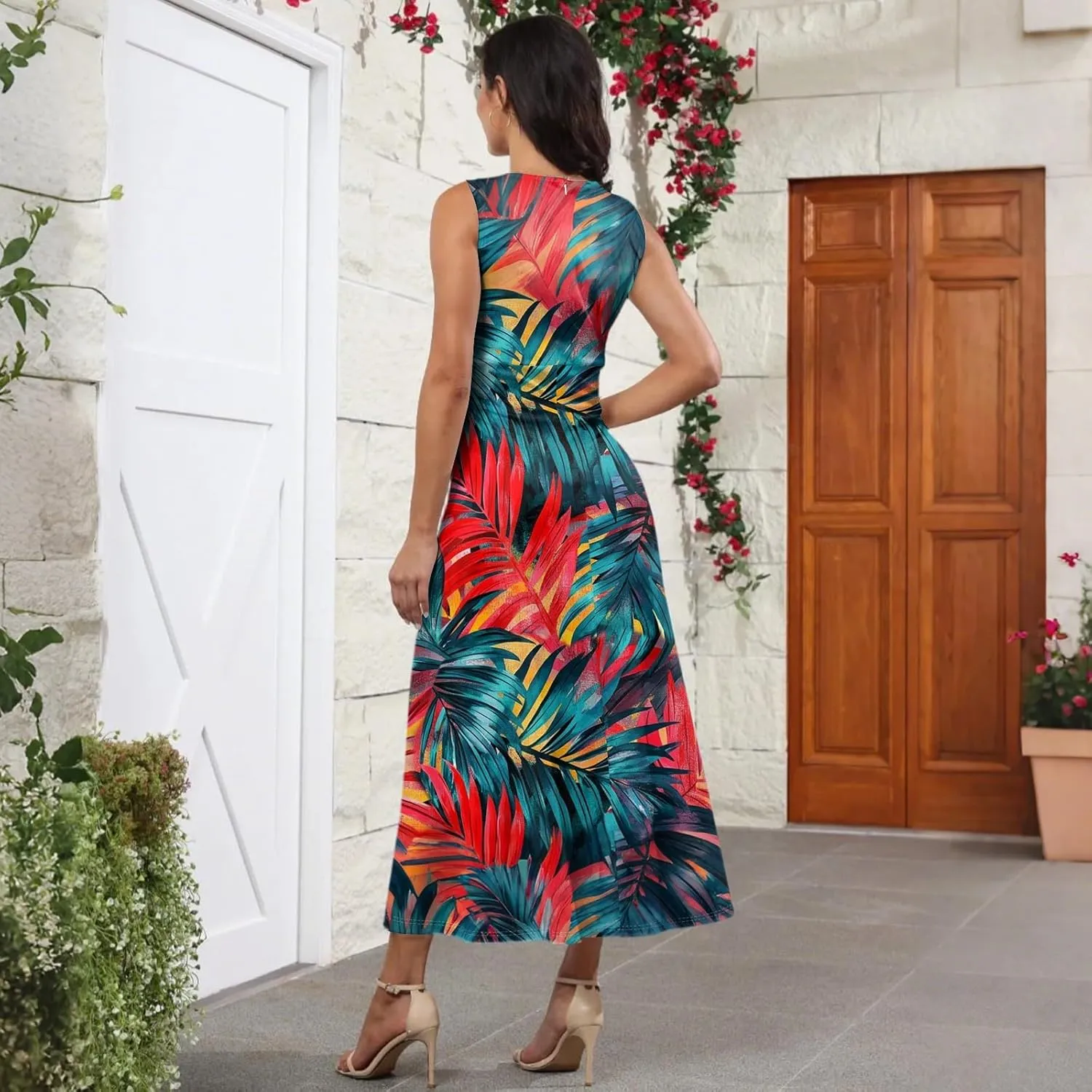 Spring Womens Dresses, Beach 2025 Vacation V-Neck Floral Bohemian Long Sundress