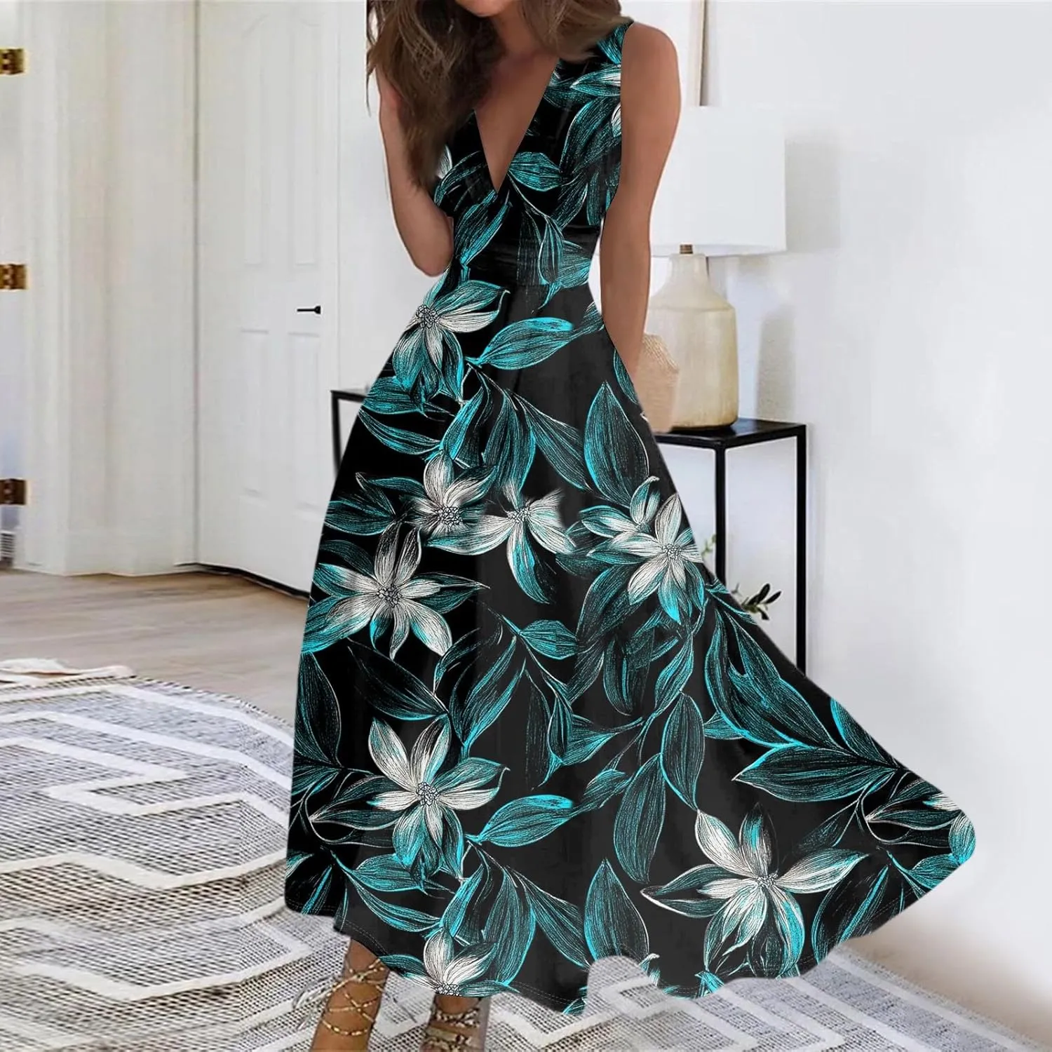 Spring Womens Dresses, Beach 2025 Vacation V-Neck Floral Bohemian Long Sundress