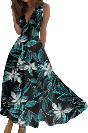 Spring Womens Dresses, Beach 2025 Vacation V-Neck Floral Bohemian Long Sundress
