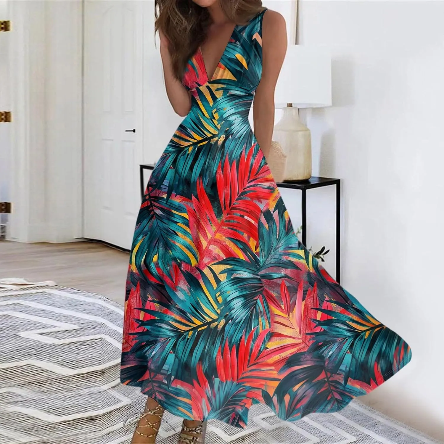 Spring Womens Dresses, Beach 2025 Vacation V-Neck Floral Bohemian Long Sundress