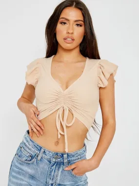 Stone Cap Sleeve Ruched Front Ribbed Crop Top